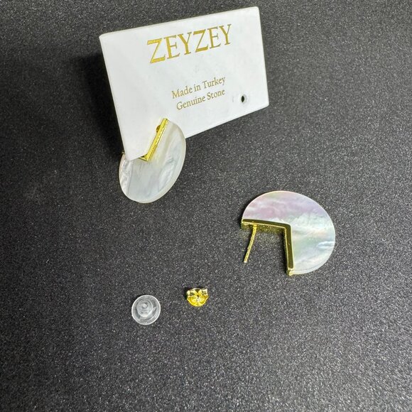 ZeyZey Mother of Pearl 3/4 Circle Post Earrings with Gold Colored Accents - Picture 5 of 9